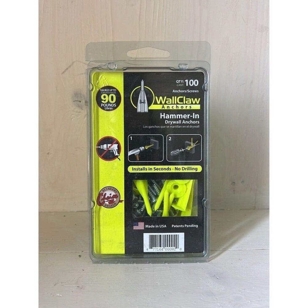 100 Pack Wallclaw Anchors Pck-Wc100-Ys Wall Anchor, 2" L, Plastic